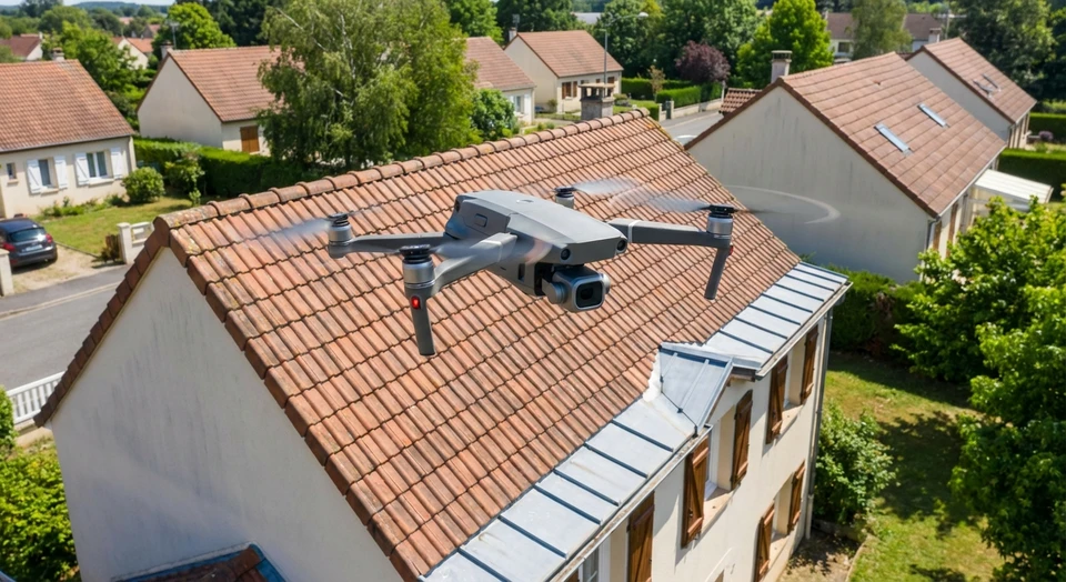 Un drone DJI ou &eacute;quivalent en vol stationnaire &agrave; proximit&eacute; imm&eacute;diate d'une toiture r&eacute;sidentielle (maison individuelle avec couverture tuiles ou acier), capturant l'action de survol et d'inspection. La photo est prise de jour, avec une bonne luminosit&eacute;, montrant nettement le drone et la toiture. L'arri&egrave;re-plan montre l'environnement r&eacute;sidentiel calme et verdoyant typique du Nord.